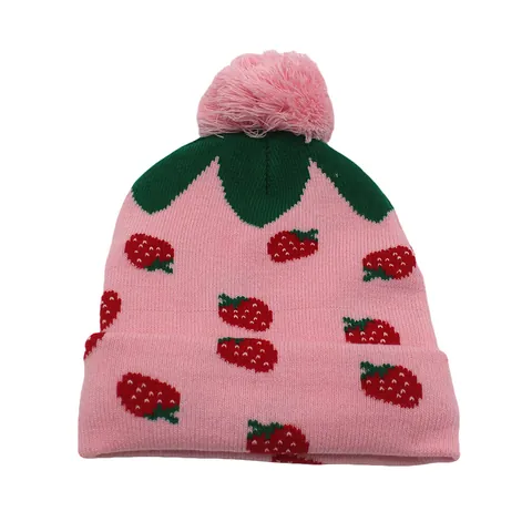 Schattige Aardbei Kinderen Gebreide Muts Winter Warm Jacquard Gehaakte Muts Met Pompon Zachte Acryl Outdoor Cap Voor Jongens Meisjes