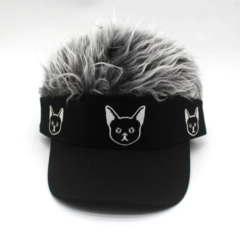 Funny Wig Baseball Cap For Men Women Novelty Fake Hair Sun Visor Hat With Cat Embroidery Adjustable Polyester Party Halloween Headwear