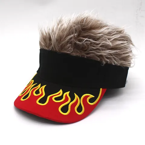 Novità Ricamo Fiamma Parrucca Cappello Visiera Per Uomo Donna Divertenti Capelli a Punta Regolabile Visiera Parasole Berretto Da Baseball Per Festa All'aperto Streetwear