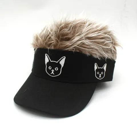 Funny Wig Baseball Cap For Men Women Novelty Fake Hair Sun Visor Hat With Cat Embroidery Adjustable Polyester Party Halloween Headwear