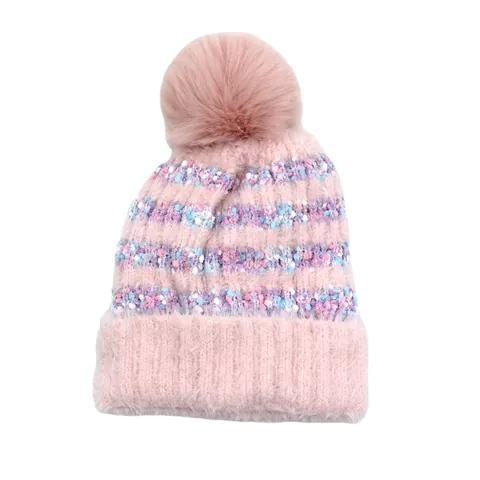 Berretto Invernale in Maglia per Bambini Strisce Colorate Pompon in Pelliccia Sintetica Foderato in Pile Caldo Crochet Cap
