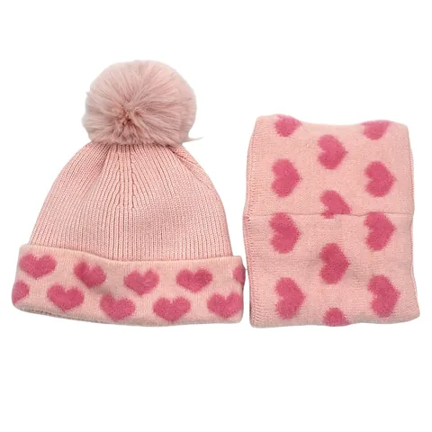 Kinder Winter Strickmütze Und Schal Set Herz Jacquard Bommel Beanie Halswärmer Fleece Gefüttert Warm Dicke Mütze Und Schal Für Mädchen Jungen