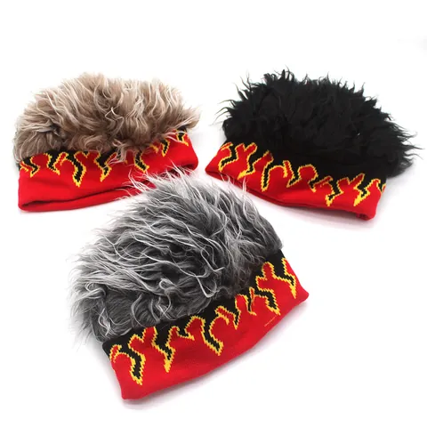 Berretto Unisex con Parrucca Novità Con Motivo a Fiamma Lavorato a Maglia Stile Punk per Festa Cosplay Cappello Invernale Caldo
