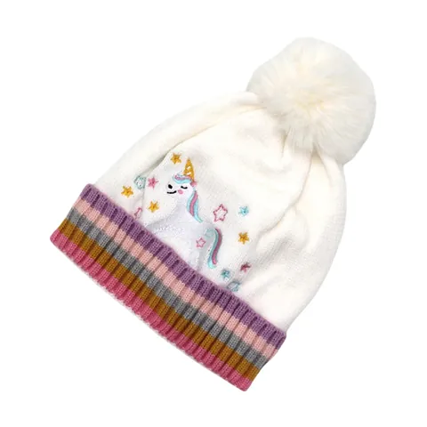 Kids Winter Knit Beanie Hat With Plush Ball Cartoon Unicorn Embroidery Fleece Lined Warm Ear Protection Striped Cuff Girls Crochet Hat