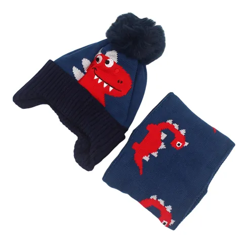 Children Winter Knitted Hat And Scarf Cartoon Dinosaur Thickened Fleece Lined Warm Beanie Pom Pom Boys Girls Outdoor Cold Weather Accessory
