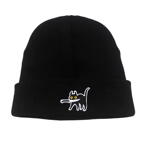 Berretto a Maglia Unisex Con Motivo a Ricamo Cartone Animato Nero Acrilico Caldo Invernale Cappello con Risvolto Per Outdoor Streetwear