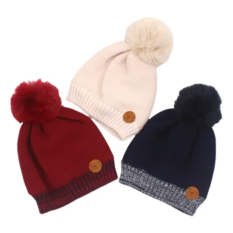 Kids Winter Fleece Lined Knitted Beanie With Faux Fur Pom Pom Cute Bear Patch Warm Ear Protection Cap For Toddler Baby