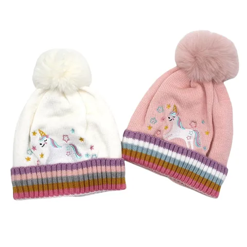 Kids Winter Knit Beanie Hat With Plush Ball Cartoon Unicorn Embroidery Fleece Lined Warm Ear Protection Striped Cuff Girls Crochet Hat