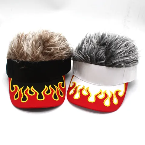 Novità Ricamo Fiamma Parrucca Cappello Visiera Per Uomo Donna Divertenti Capelli a Punta Regolabile Visiera Parasole Berretto Da Baseball Per Festa All'aperto Streetwear
