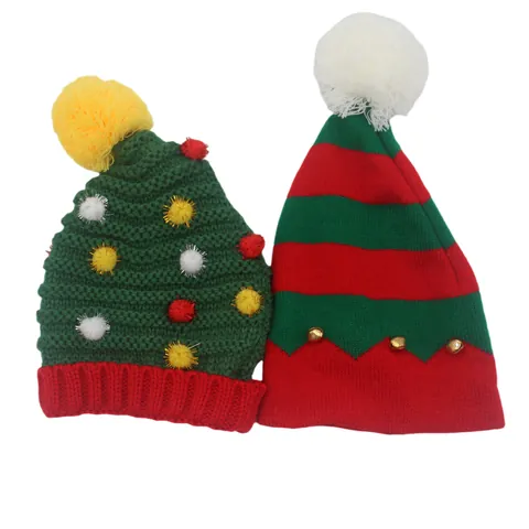Christmas Knitted Hat Acrylic Warm Winter Beanie Striped Santa Elf Hat With Pompoms For Adults Festival Party Accessories
