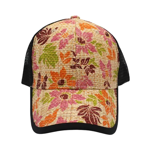Women's Floral Print Straw Woven Trucker Hat Breathable Mesh Baseball Cap Sun Protection Summer Beach Casual Mesh Snapback