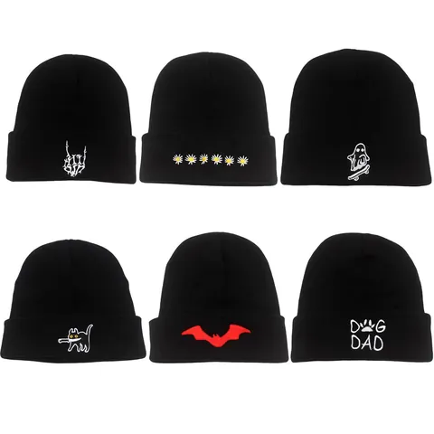 Berretto a Maglia Unisex Con Motivo a Ricamo Cartone Animato Nero Acrilico Caldo Invernale Cappello con Risvolto Per Outdoor Streetwear