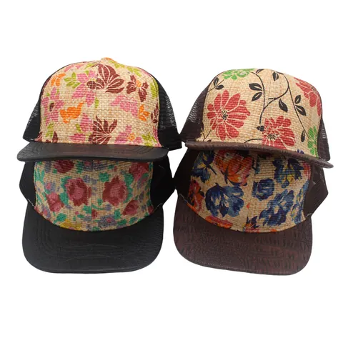 Bloemenprint Stro-look Trucker Pet Mesh Achterkant Platte Rand Krokodillen Textuur Honkbalpet Ademende Zonnehoed Voor Heren Vrouwen