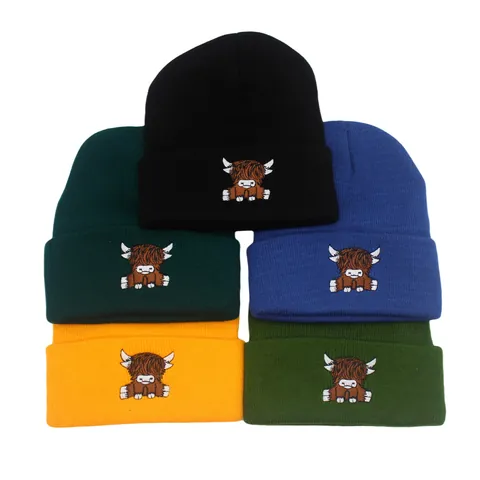 Berretto in Maglia Ricamato Highland Cow Per Uomo Donna Inverno Caldo Berretto Con Risvolto Casual Acrilico Termico Copricapo All'aperto