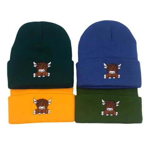 Berretto in Maglia Ricamato Highland Cow Per Uomo Donna Inverno Caldo Berretto Con Risvolto Casual Acrilico Termico Copricapo All'aperto