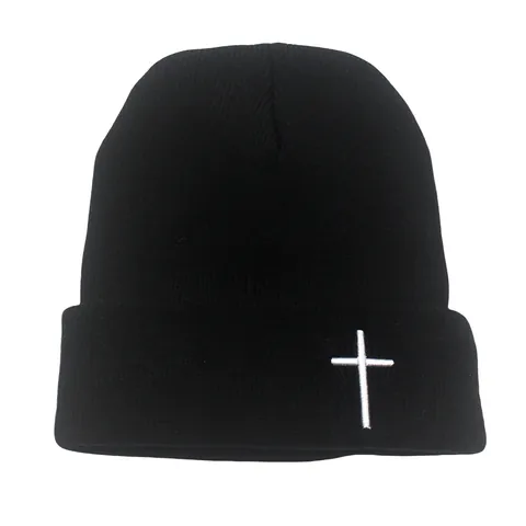 Unisex Embroidered Cross Knitted Beanie Hat Warm Acrylic Winter Skull Cap Casual Streetwear Fashion Headwear Accessory