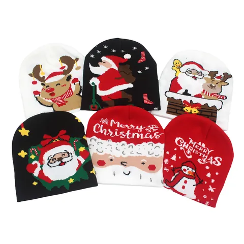 Bonnet en Tricot de Noël Hiver Chaud Acrylique Jacquard Motif Père Noël Renne Bonhomme de Neige Bonnet de Fête Festive Pour Adultes