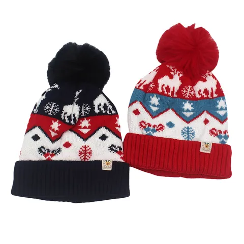 Kinder Kerst Rendier Gebreide Muts Winter Warme Acryl Jacquard Muts Met Pompon Voor Jongens Meisjes Vakantie Cadeau
