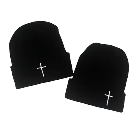 Unisex Embroidered Cross Knitted Beanie Hat Warm Acrylic Winter Skull Cap Casual Streetwear Fashion Headwear Accessory