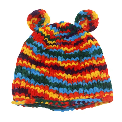 Cute Cartoon Bear Ears Knitted Hat For Women Kids Winter Warm Rainbow Striped Crochet Beanie Hat Soft Acrylic Outdoor Daily
