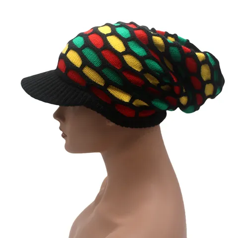 Reggae Rasta Style Knitted Beanie With Visor Striped Multicolor Soft Acrylic Winter Warm Slouchy Tam Hat For Men Women