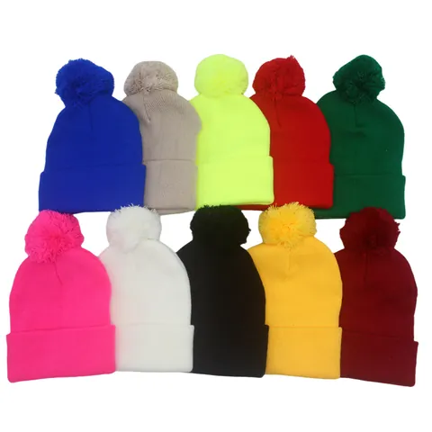 Berretto in Maglia Tinta Unita Con Pompon Per Uomo Donna Inverno Caldo Acrilico Cappello Con Risvolto Accessorio Moda Esterna Quotidiana