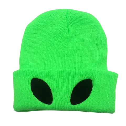 Neon Green Alien Eye Embroidered Knit Beanie Soft Acrylic Winter Warm Skull Cap Streetwear Unisex Slouchy Cuffed Hat