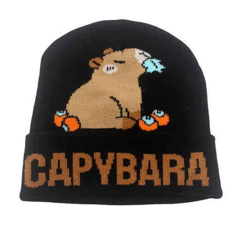 Berretto a Maglia Capibara in Acrilico con Animali Animati Jacquard Invernale Caldo con Risvolto per Uomo Donna Outdoor Casual