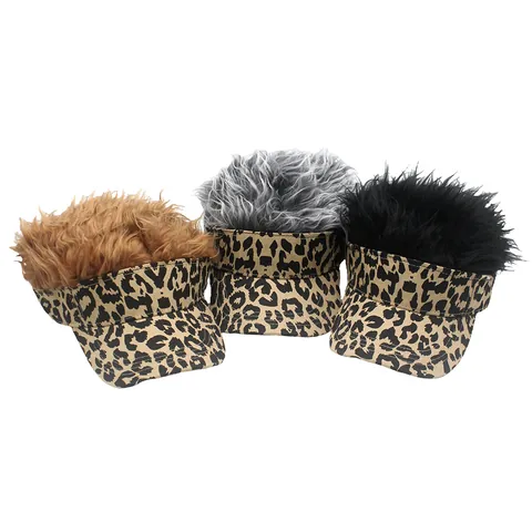 Unisex Leopard Print Sun Visor Hat With Novelty Spiky Wig Hair Fun Adjustable Golf Baseball Cap For Party Outdoor Decoration