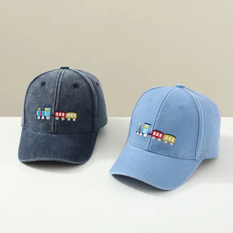 Kids Cartoon Train Embroidery Washed Cotton Baseball Cap For 2-6 Years Old Boys Girls Adjustable Sun Shade Hat