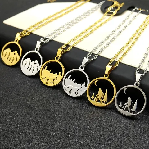 Stainless Steel Round Hollow Mountain Forest Horse Sasquatch Pendant Necklace For Men Women Outdoor Casual Fashion Jewelry Gift