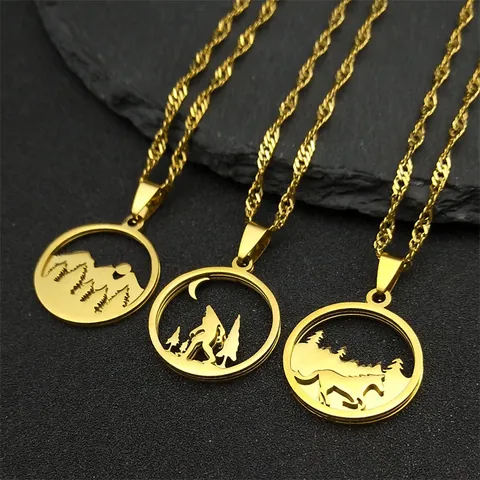 Stainless Steel Round Hollow Mountain Forest Horse Sasquatch Pendant Necklace For Men Women Outdoor Casual Fashion Jewelry Gift