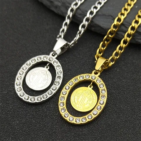 St Benedict Medal Necklace Stainless Steel Religious Pendant With Rhinestone Oval Frame Hip Hop Cuban Chain Men Women