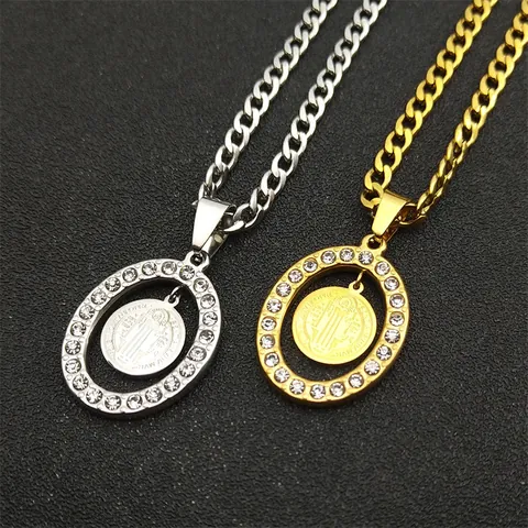 St Benedict Medal Necklace Stainless Steel Religious Pendant With Rhinestone Oval Frame Hip Hop Cuban Chain Men Women