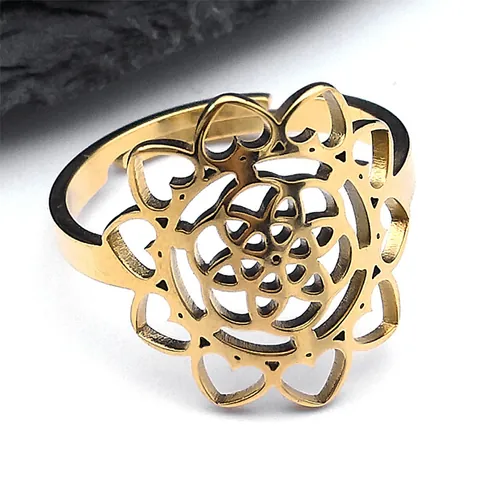Stainless Steel Flower Of Life Open Ring Sacred Geometry Mandala Hollow Out Adjustable Finger Ring For Men Women Jewelry