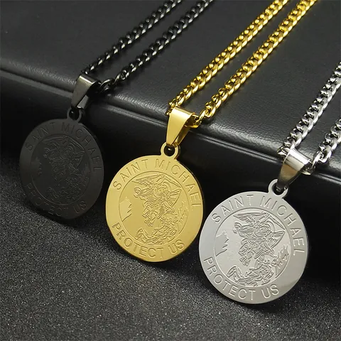 Archangel Saint Michael Protect Us Round Pendant Necklace Stainless Steel Curb Cuban Chain Religious Gothic Jewelry For Men Women