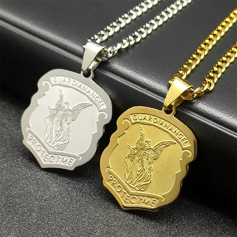 Edelstahl Erzengel Schild Anhänger Halskette Guardian Angel Protect Me Relief Panzerkette Religiöser Schmuck Geschenk