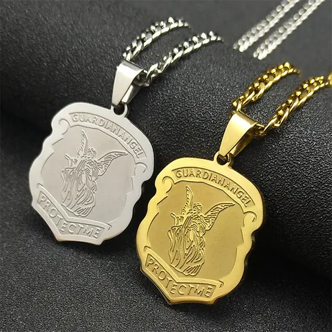 Edelstahl Erzengel Schild Anhänger Halskette Guardian Angel Protect Me Relief Panzerkette Religiöser Schmuck Geschenk