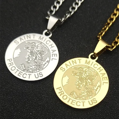 Archangel Saint Michael Protect Us Round Pendant Necklace Stainless Steel Curb Cuban Chain Religious Gothic Jewelry For Men Women