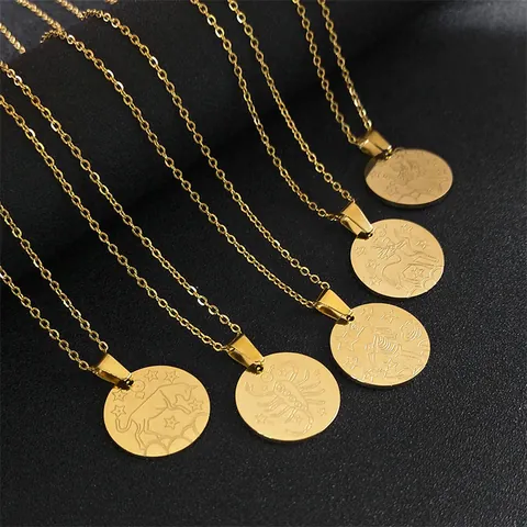 Stainless Steel Twelve Zodiac Constellation Round Pendant Necklace Gold Silver Laser Engraved Unisex Jewelry Gift