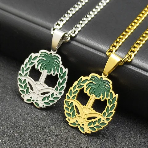 Saudi Arabia Coat Of Arms Stainless Steel Pendant Necklace Gold Silver Plated Enamel Palm Tree Crossed Swords Curb Chain Jewelry