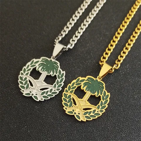 Saudi Arabia Coat Of Arms Stainless Steel Pendant Necklace Gold Silver Plated Enamel Palm Tree Crossed Swords Curb Chain Jewelry