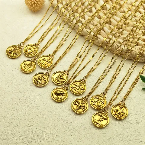 Stainless Steel Zodiac Necklace For Women Gold Plated Embossed Round Coin Constellation Star Pendant Daily Fashion Jewelry