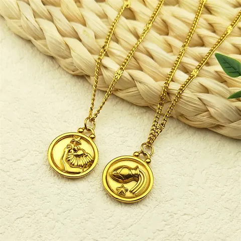 Stainless Steel Zodiac Necklace For Women Gold Plated Embossed Round Coin Constellation Star Pendant Daily Fashion Jewelry