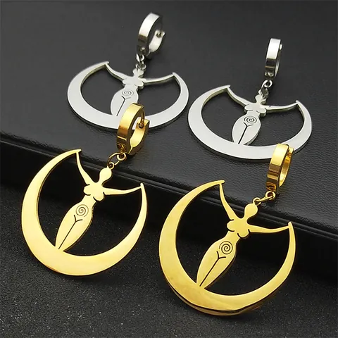 Stainless Steel Goddess Moon Hoop Earrings For Women Mystical Crescent Moon Spiral Silhouette Wicca Spiritual Jewelry Accessory