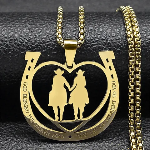 Stainless Steel Horseshoe Heart Riding Pendant Necklace Inscribed God Blessed Broken Road Western Cowboy Jewelry Men Women