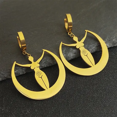 Stainless Steel Goddess Moon Hoop Earrings For Women Mystical Crescent Moon Spiral Silhouette Wicca Spiritual Jewelry Accessory