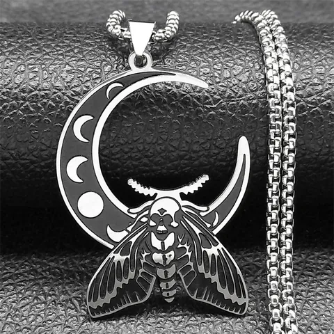 Collier Pendentif Papillon de Nuit et Croissant de Lune Gothique en Acier Inoxydable Bijoux Crâne et Phases Lunaires pour Hommes Femmes