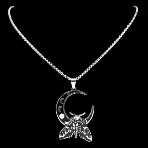 Collier Pendentif Papillon de Nuit et Croissant de Lune Gothique en Acier Inoxydable Bijoux Crâne et Phases Lunaires pour Hommes Femmes
