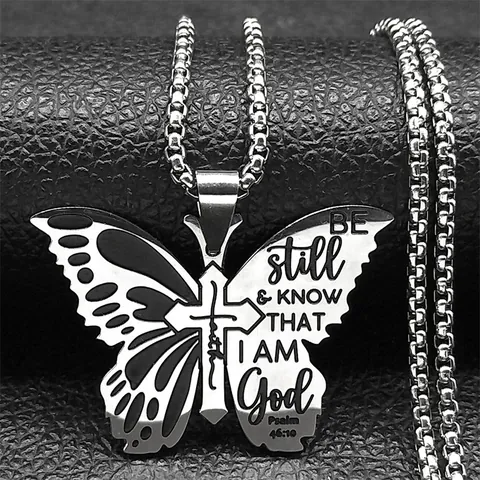 Collana con Pendente a Croce di Farfalla in Acciaio Inossidabile Versetto della Bibbia Fede Incisa Gioielli Religiosi Regalo per Uomo Donna Argento